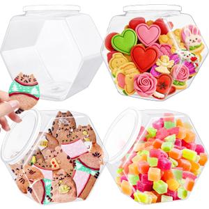 3 Pack Hexagon Plastic Candy Jars,72oz Clear Cookie Jar with Lid for Dry Food,Snacks,Candies,Cookies,Dog Treats,Laundry Pods,Coffee Pods,Craft Supplies