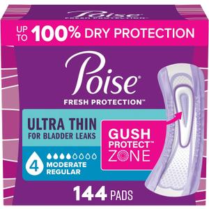 Poise Ultra Thin Incontinence Pads & Postpartum Pads for Bladder Leaks, 4 Drop Moderate Absorbency, Regular Length, 144 Count