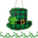 3 x St Patrick's Day Front Door Sign Wooden Lucky Shamrock Hat Plaque Wreath Ornament 12"Wooden Buffalo Plaid Green Tinsel Irish Hanging Welcome Board Spring Home Wall Green Decoration