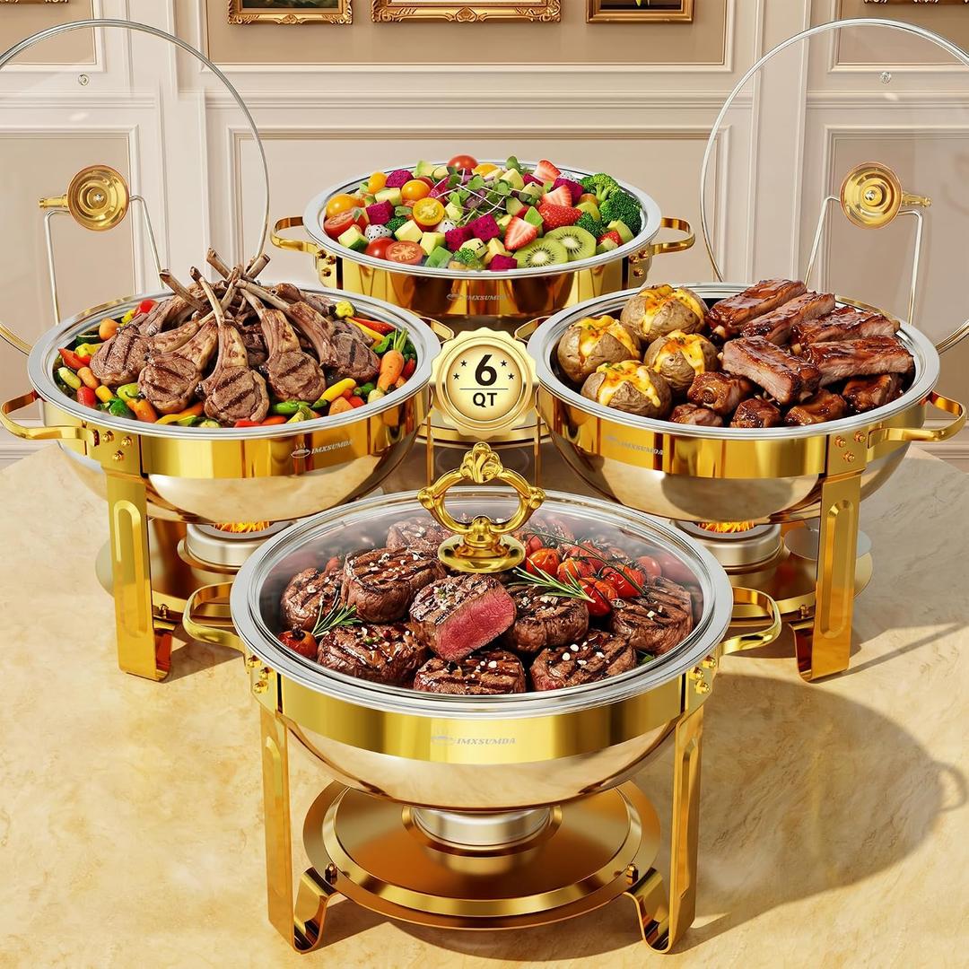 Chafing Dishes for Buffet, 6QT 4 Pack Round with Glass Lid, Gold