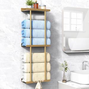 Towel Rack for Bathroom, Wall Mounted Vertical Rolled Towel Storage Organizer Holder with Shelf, Holds Up 6 Large Bath Sheets, Gold Large Size
