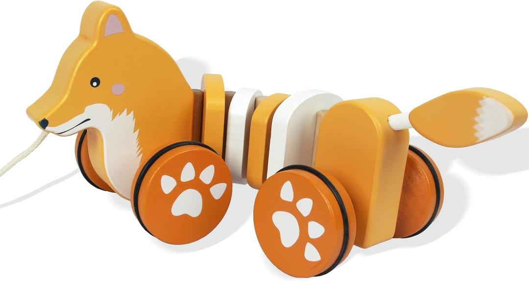Baby Toys Car,Wooden Pull Along Toddler Toy, Developmental Toy for 1 Year Old Girl Boy Birthday Gift (Fox)