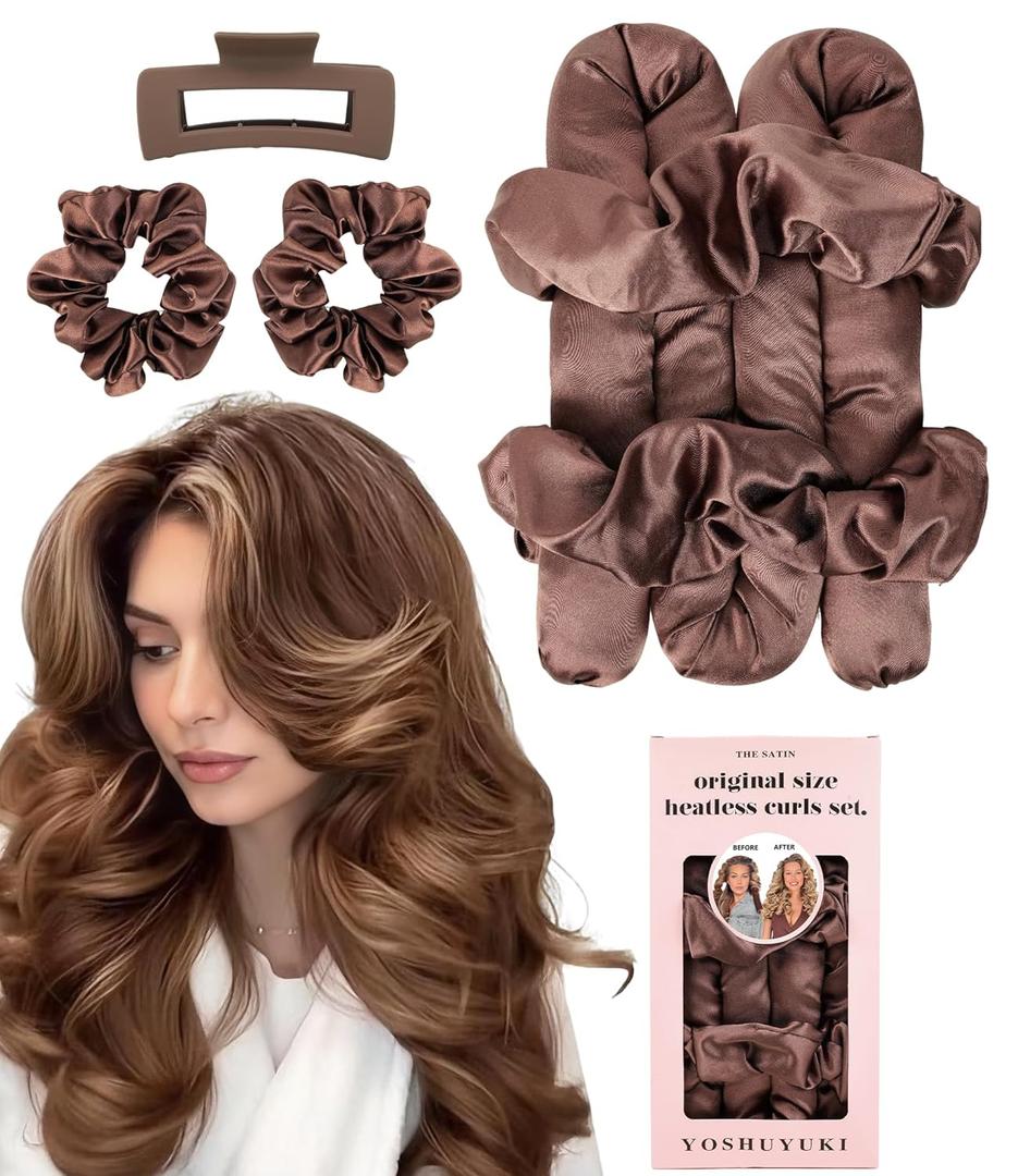 Satin Heatless Hair Curler Curling Rod Set - Soft Jumbo Large Flexi Rods Hair Rollers Curlers to Sleep In for Women, No Heat Heatless Curls Overnight Blowout Rods for Long Hair Volume Blowout Look (1.37" ORIGINAL - Brown)