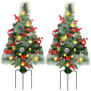 Juegoal 2 Pack 30 Inch Pre-Lit Pathway Christmas Trees, Artificial Christmas Urn Filler with 60 LED Lights, Red Berries, Pine Cones & Balls Ornaments, Battery Operated Holiday Decor for Driveway, Yard, Golden Red 