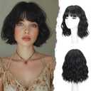 Black Wig With Bangs Bob Synthetic Curly Wigs Natural Shoulder Length Wig 12 inch for Women Girls Daily Use Colorful Wigs