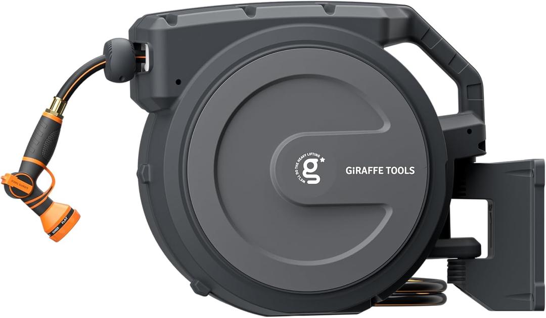 Giraffe Tools Retractable Garden Hose Reel 1/2 Inch x 100 ft, Super Heavy Duty, Any Length Lock, Slow Return System, Wall Mounted and 180 Deg Swivel Metal Bracket
