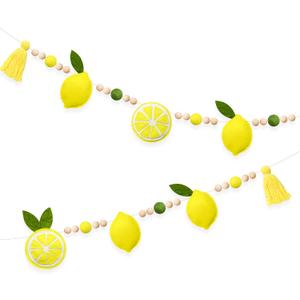 Lemon Decorations Pre-Strung Handmade Felt Yellow Sage Green Wool Felt Ball Wooden Beads Tassel Garland Banner for Lemon Themed Wedding Birthday Baby Shower Bridal Shower Lemonade Mantle Home Decor, 4.3×3.2 inches
