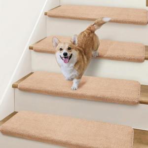 Ultra Plush Bullnose Carpet Stair Treads for Wooden Steps 9.5" x 32" | 14 Pcs Soft Stair Runner Rugs Indoor with Rounded Edge Protection, Residue-Free Non Slip Backing for Family, Pets, Khaki