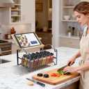 3 Tier Spice Rack Organizer with Bamboo Top Tablet Holder, 18 Spice Jars, 422 Spice Labels, and Funnel Set for Kitchen, Cabinet, Countertop, Pantry, Cupboard. Seasoning Organizer Black