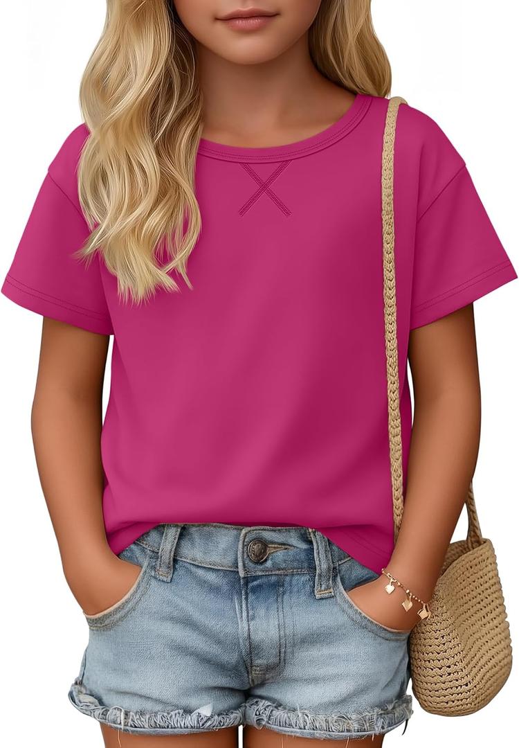 Girls Short Sleeve Shirts 5-14Y | Crew Neck, Causal, Soft, Summer, Loose, Casual, Simple, Basic, Breathable, Comfortable, Lightweight, Stretchy, Relaxed Fit (Pink)