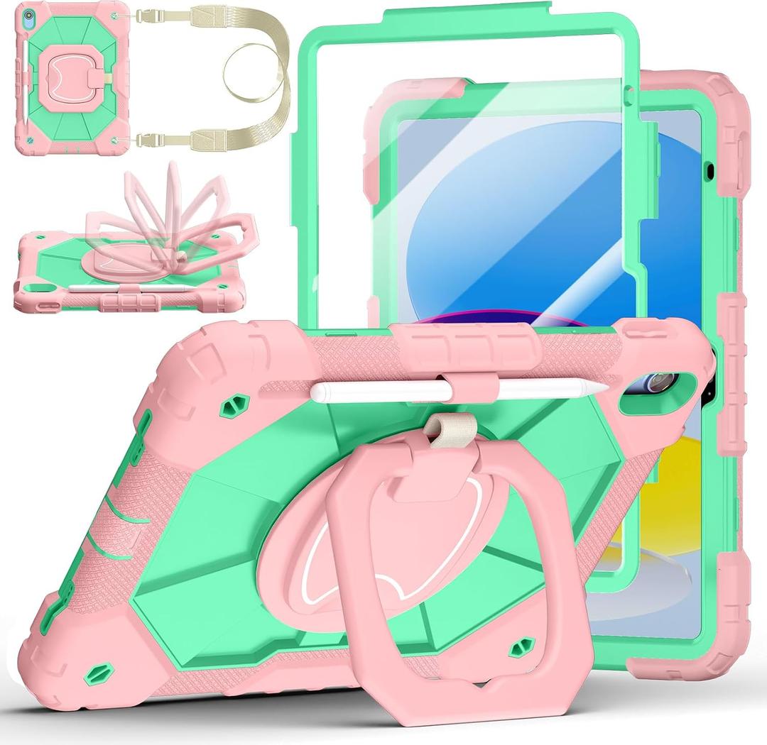 Case for iPad (A16) 11th Generation 11 Inch 2025, Ubearkk for iPad 10th Generation 10.9 inch 2022 case with Screen Protector 360 Degree Rotating Stand Shoulder Strap Pencil Holder, Rose Mint