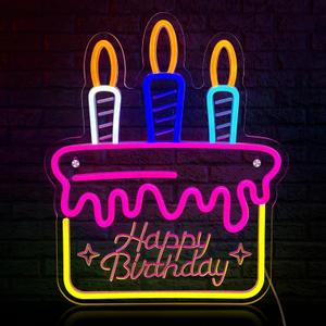 Happy Birthday Neon Sign, Bright and LED Colored Light up Birthday Sign and USB Powered Dimmable Large Birthday Cake and Candles Sign for Birthday Party Wall Backdrop Decoration (15.5*12.6")