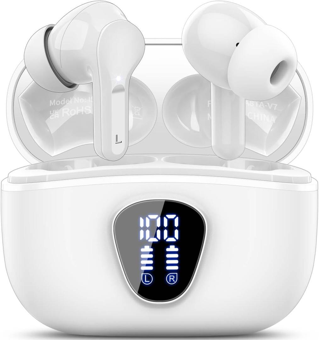 Wireless Earbuds, Bluetooth 5.4 Headphones HiFi Stereo, Bluetooth Earbuds with ENC Noise Cancelling Mic, IP7 Waterproof in Ear Earphones, 48H, LED Display Ear buds for Pad Phones Workout Sports, White