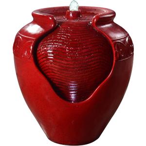 Teamson Home Outdoor Pot Fountain with LED Lights and Pump, Floor Water Fountain for Patio, Garden, Backyard, Decking Home Dcor, 16.93 Inch Height, Red (17")