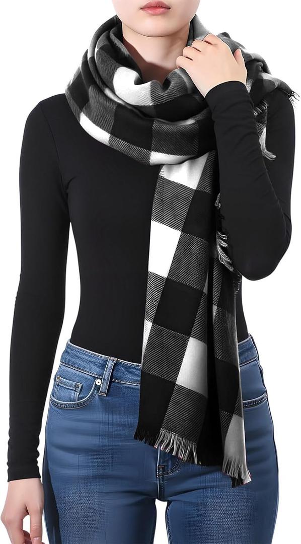 Geyoga Women's Fashion Long Shawl 55 x 55 Inch Big Grid Winter Warm Lattice Large Scarf Plaid Blanket Winter Oversized Shawl (Black and White)