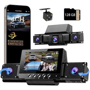 4 Channel Dash Cam Front and Rear with 360 View for All-Round Protection, 4-Way Recording, Built-in 5G WiFi & GPS, APP Control, 8 IR LEDs, 24H Parking Monitor, G-Sensor, Free TF Card (128GB)