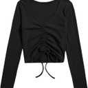 SweatyRocks Women's Long Sleeve V Neck Crop Top Drawstring Ruched Tee Shirt (X-Large, Black)