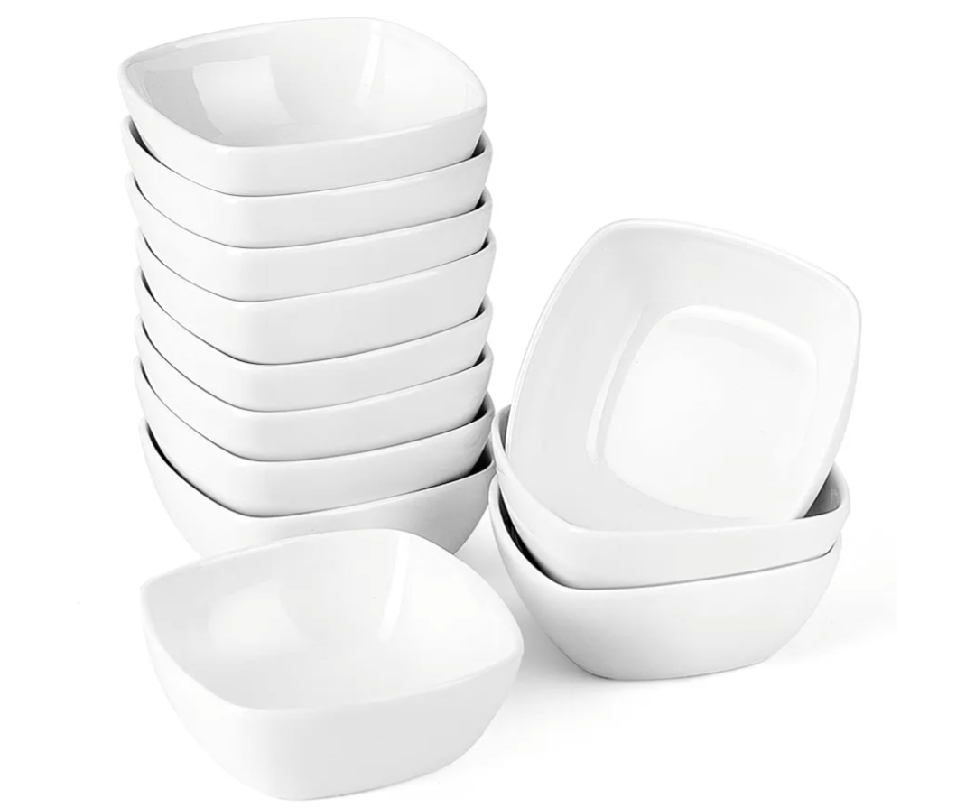MALACASA 5 oz Porcelain Dip Bowls Set, 12 Pack Small Ramekins, Dipping Sauce Dishes, Stackable Tiny Ramekins for Pudding, Souffle, Brulee, Dessert, Snack, Charcuterie Boards accessories, Oven Safe