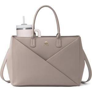 LOVEVOOK Laptop Tote Bag for Women with Large Cup Holder, 16 Inch PU Leather Work Bag Teacher Tote Bag, Waterproof Computer Bags Business Office Briefcase Handbag (Taupe)