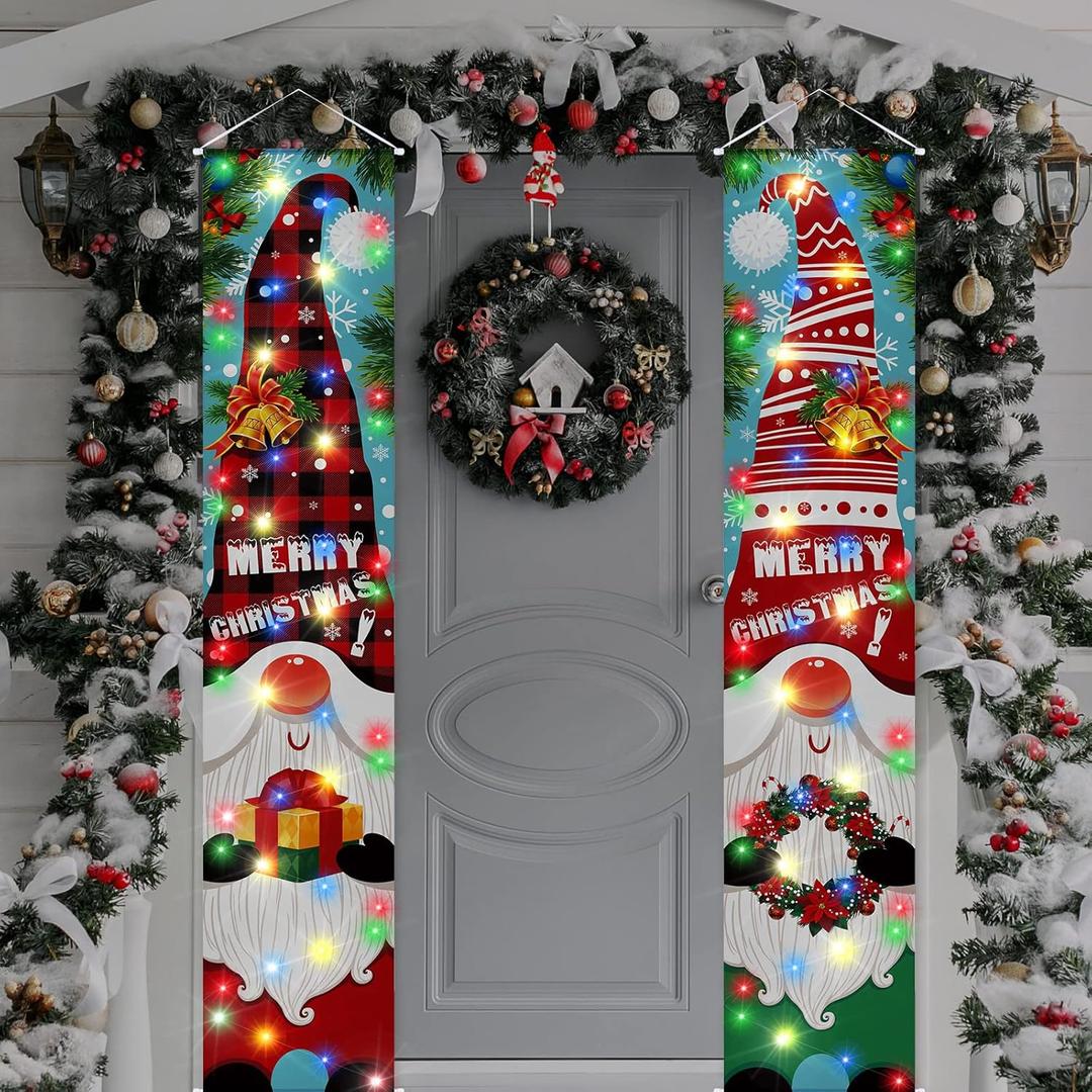 Jetec 2 Pieces Lighted Gnome Christmas Banner Decorations Outdoor Xmas Hanging Porch Signs Banner Winter Holiday Door Banner with Light Strings for Yard Front Door Home Garage Wall Decor