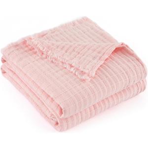 GINAMUSE Muslin Throw Blanket for Couch 100% Cotton Gauze Bed Blankets Lightweight Soft Cozy Breathable Summer Throws for Adults All Seasons Use,60"x90" Twin Size Pink