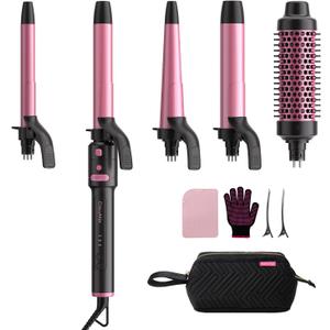 5 in 1 Automatic Rotating Curling Iron Set, CrazyMar Curling Wand Set - 5 Barrels (3/ 4, 1, 1/ 4 Inch) Dual Voltage Curling Wand for Professional Hair Styling, Travel, Ceramic Coating(Hot Pink)