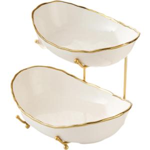 Ceramic Fruit Bowl for Kitchen Counter,Tiered Fruit Basket Fruit Display Stand for Candy,Vegetable Storage, Kitchen Dessert, Gold 2 Layer