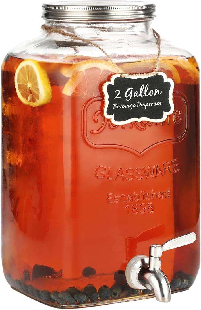 2 Gallon Glass Drink Dispenser - Stainless Steel Leakproof Spigot and Lid, Beverage Glass Drink Dispensers for Parties, Water Beverage Dispenser Liquid Laundry Detergent Dispenser