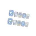 Press on Nails, Short Coffin Fake Nails, Blue Marble & Hand-Painted Silver Streaks, Icy Blue Glittering Nails, Handmade Nails Sweet Style for Office, Holiday Parties & Special Events(Size L) (B019)