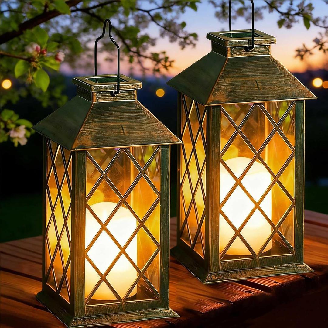 Solar Lanterns Outdoor Waterproof, 2 Pack 9" Glass Hanging Solar Lights with Flickering Flameless Candle, Outdoor Lanterns for Patio Wall Porch Table Garden Yard, Gift for Women Mom - Bronze