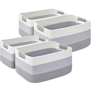 4 Pack Large Storage Basket for Organizing, 17.5"x13"x7" Woven Basket for Shelves, Closet Cube Storage Bins with Wrapped Handle, Cotton Rope Baskets for Kitchen, Clothes, Toys(Gradient Grey)