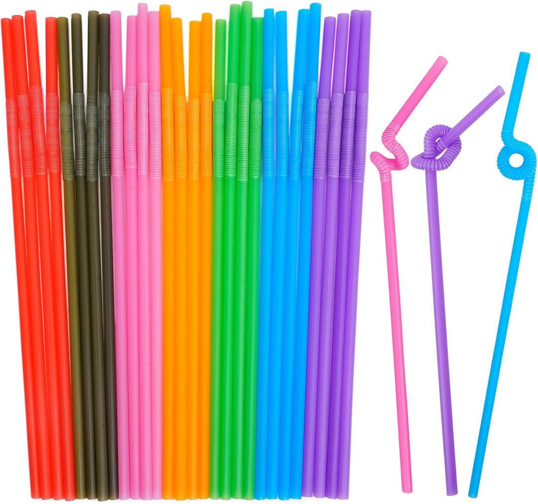 100PCS Flexible Plastic Straws, Colorful Disposable Bendy Party Fancy Straws12.8inch Extra Long Straws Party Decorations
