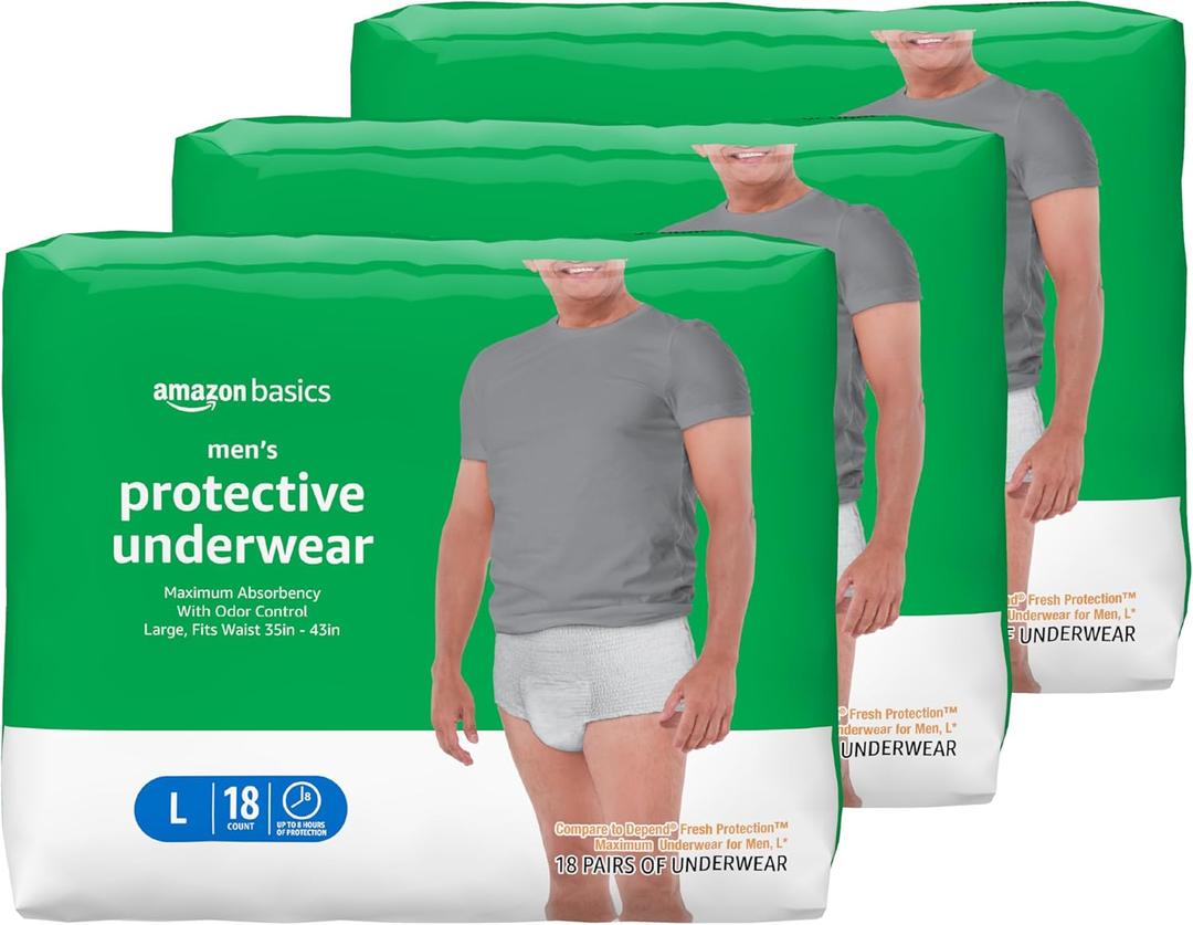 Basics Incontinence Underwear for Men, Maximum Absorbency, Large, 54 Count (3 Packs of 18)