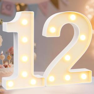 Pooqla Decorative LED Light Up Number Letters, White Plastic Marquee Lights Sign for 12th Birthday Party Wedding Decor, Battery Operated (12)