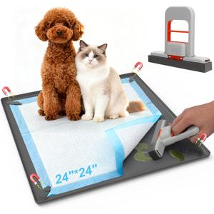 XANGNIER Dog Pee Pad Holder with Magnetic Clips and Mini Mop,Silicone Puppy Pad Holder Tray for Potty Training 24"X24" Pee Pads,High Edge Leak-Proof,Square Potty Trays for Home Floor Protection