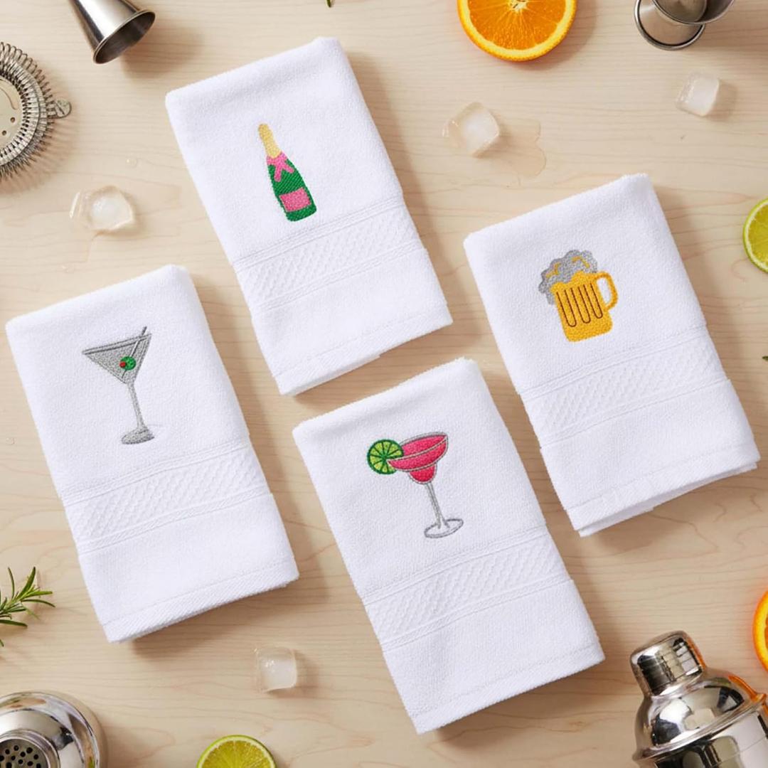 HunnmingRe 4 Pack Bar Towels with Martini Embroidery - Wine Cocktail Drink Themed Gifts Cotton 29.5'' x 13.8'' Kitchen Hand Soft Absorbent Dish Cloth Bathroom Decorative Home Bar Cart Accessories