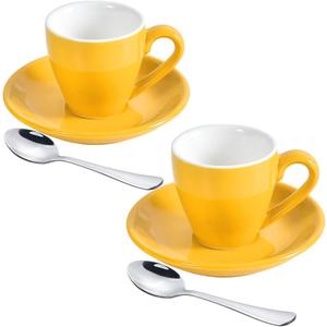 Porcelain Espresso Cup with Saucer And Stainless Steel mini Spoons, Espresso shot Cup, 80ml/2.7Oz, Pack of 2, Yellow