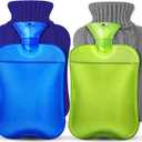 2 Packs Hot Water Bottle with Knitted Cover, Rubber Heat Bag for Hot & Cold Compress, Warm Water Heat Bottles for Menstrual Cramps Pain Relief, Bed Hand Feet Warmer Winter Gift 2 Liter - Green & Blue