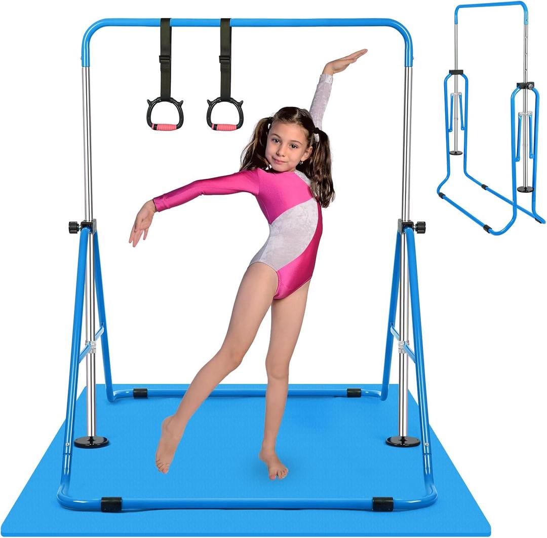 Gymnastics Bar for Kids, Adjustable Height Gymnastic Horizontal Bars, Folding Expandable Gymnastics Equipment Junior Training Kip Bar for Home (Blue+Mat)