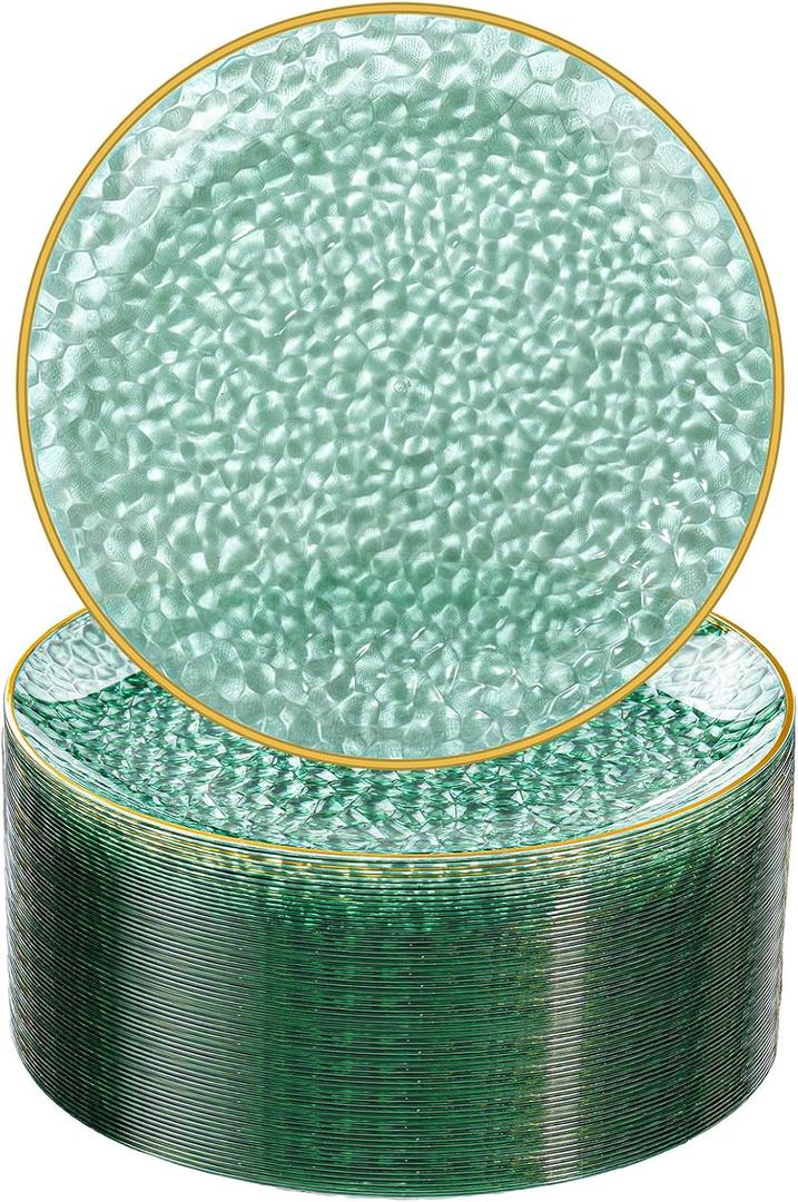 Rubtlamp 100 Pcs Clear Green Plastic Plates, Gold Hammered Plastic Salad Platos, Green Disposable Platos With Gold Rim,7 Inch Dessert Platos Disposable, Dessert Appetizer Platos