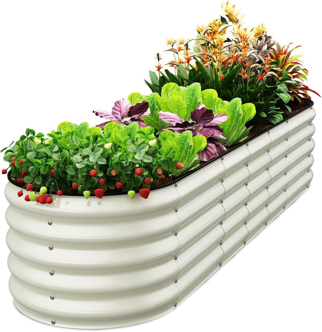 Oval 8x2x1.5 FT Galvanized Raised Garden Bed Kit, 31 in 1 Large Metal Planter Box for Outdoor Gardening, 18 Garden Bed for Vegetables Flower Herb(Pearl White)