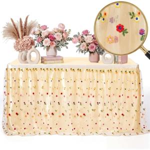 Hahafelt 6ft Wildflower Table Skirts for Rectangle Tables Boho Table Skirt for Teacher Desk Floral Ruffle Tulle Tutu Tablecloth for Birthday Party Banquet Wedding Decorations