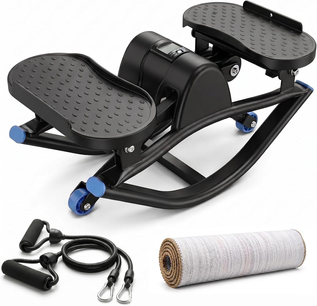 Rocking Stepper Side-to-Side, Low-Impact Lateral Stepper with Resistance and Widened Pedals, 250 lb Capacity Quiet Exercise Stepper with LCD Monitor, Bands and Anti-Slip Mat for Women’s Home Workout