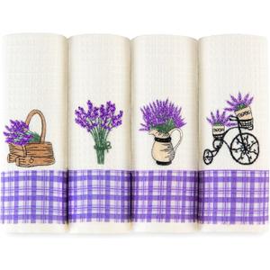 Lavien Home Cotton Kitchen Towels Set of 4 - Lavender Embroidered Tea Towels, Absorbent and Soft Waffle Weave with Plaid, 16x24 inches