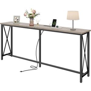 SUPERJARE 70 Inch Console Table with Outlets and USB-C Port, Extra Long Behind Couch Sofa Table with X-Shaped Design, Narrow for Entryway, Living Room, Metal Frame, Wooden Top, Grey Oak