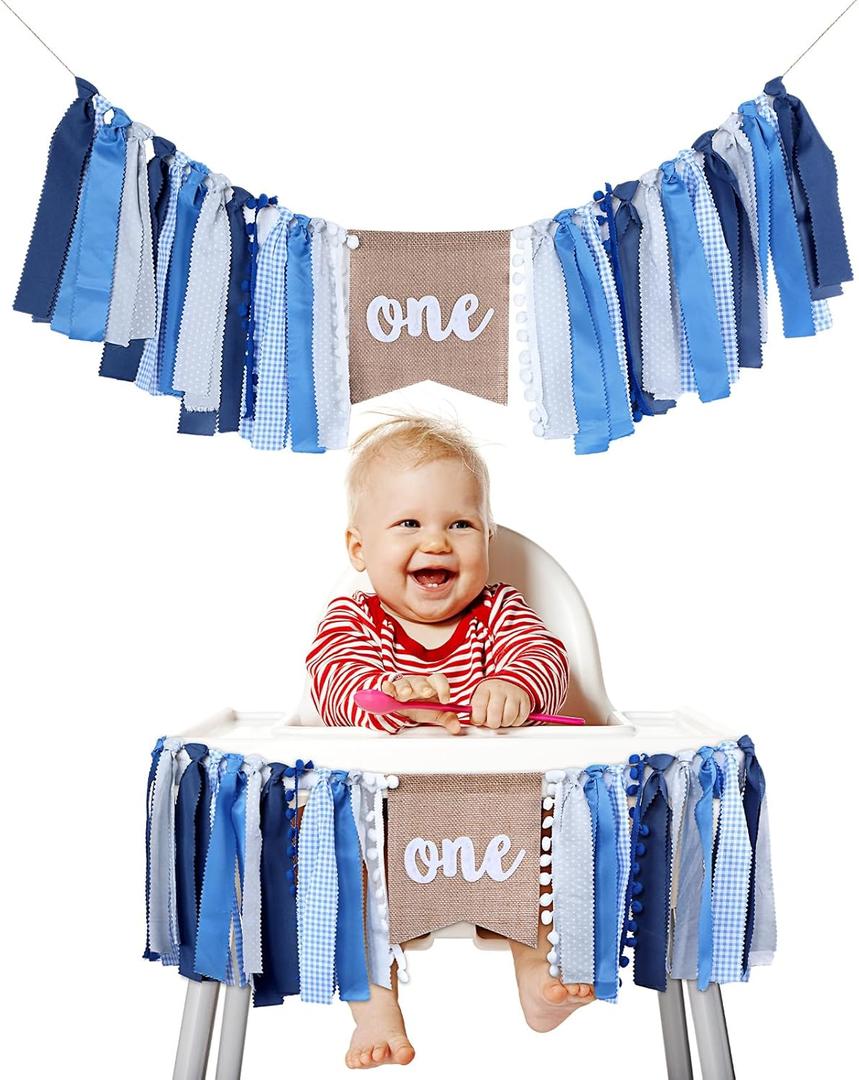 Buryeah One Highchair Banner 1st Birthday Highchair Banner 80 inch for Girls Boys Birthday Party Supplies Cake Photo Props Baby Shower Garland(Blue White)