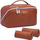 Travel Makeup Bags Cosmetic Organizer Bag: Quilted Make up Bag Set of 3 - PU Leather Toiletry Bags for Women - Portable Makeup Organizer with Compartments & Handle & Divider(14 Brown)