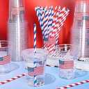 Whaline 50Pcs 12Oz Patriotic Disposable Plastic Cups with Lids and Straws 4th of July American Flag Cold Beverage Drinking Cups for 250th Anniversary Independence Day Party Supplies