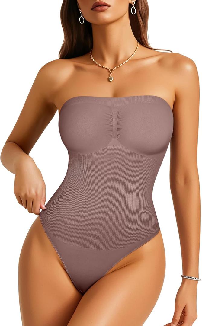 Irisnaya Strapless Shapewear Bodysuit for Women - Thong Bodysuit Tummy Control Tube Top Body Suits with Removable Strap (L)