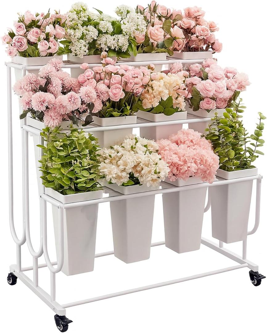 Flower Display Stand Frame, 3-Tier Flower Cart with Wheels, Metal Floral Display Rack , Moving Florist Bouquet Shelf for Shop ,Flower Bar, Events, without Buckets(White, 3 Tier)